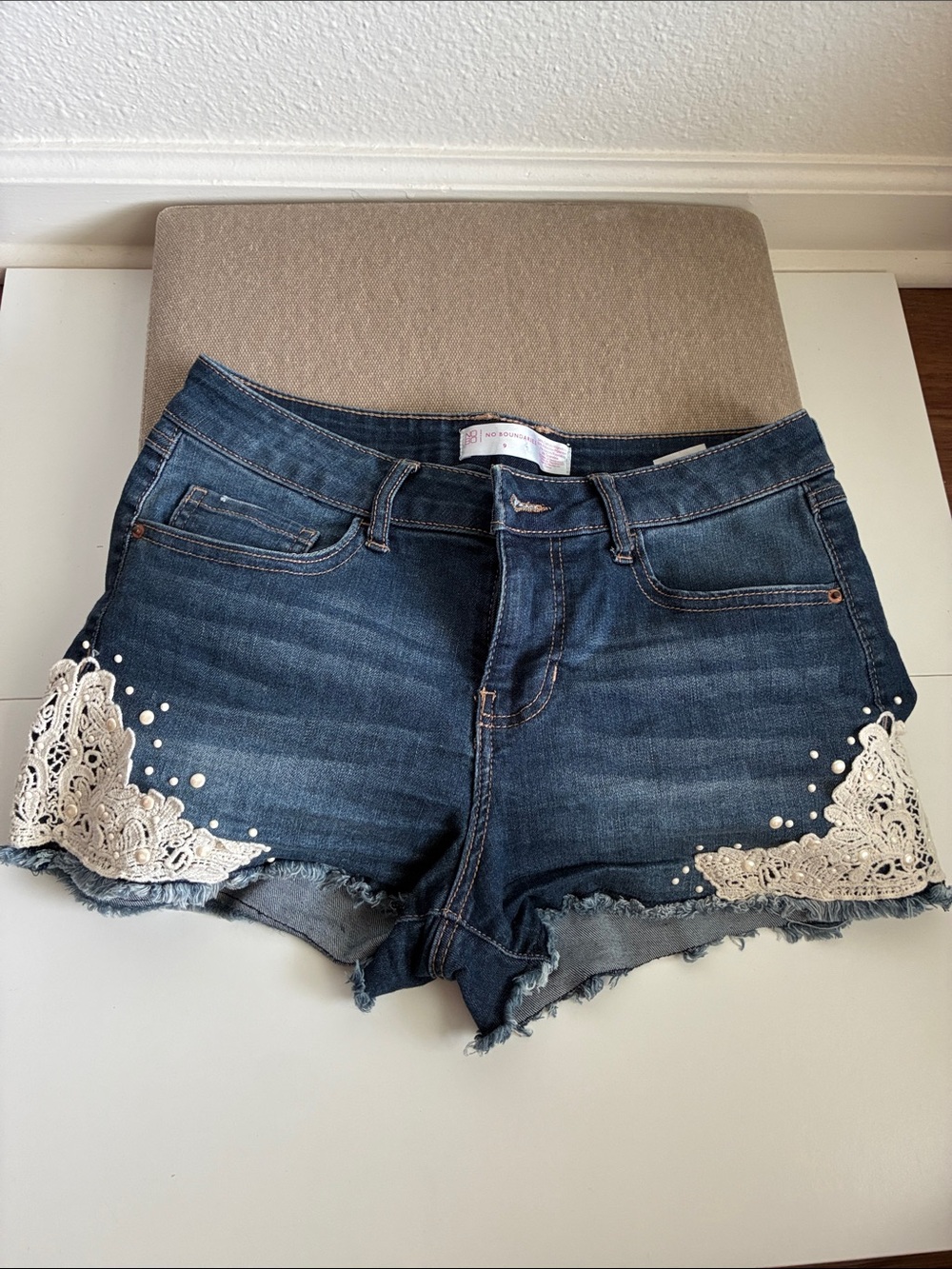 No Boundaries Dark Blue Denim Shorts with Cream Lace Trim